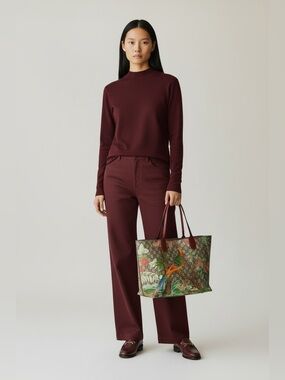 Gucci GG Supreme Monogram Bird print Tian Medium leather Tote burgundy Red
